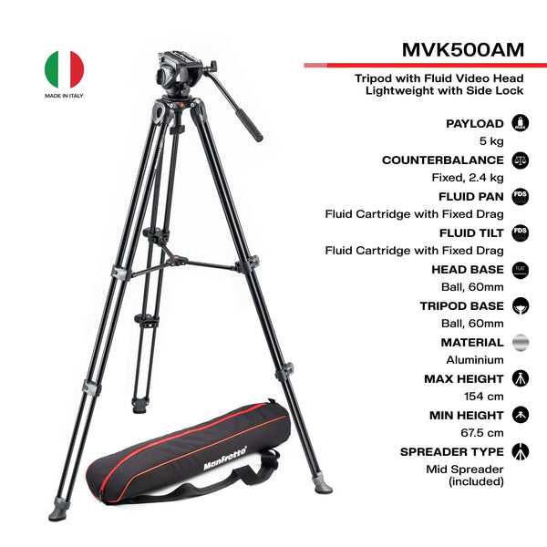 Manfrotto MVK500AM MVH500A Fluid Drag Video Head with MVT502AM Tripod and Carry Bag | Video Tripod - MQ Group