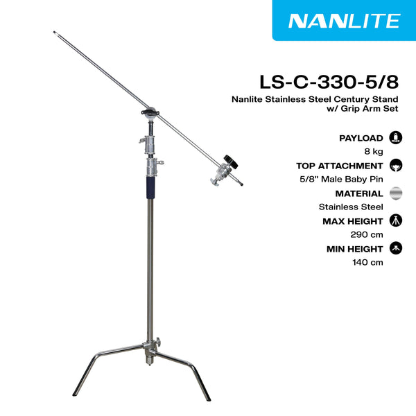 NANLITE LS-C-330-5/8 Stainless Steel Century Stand, Detachable Base w/ Grip Arm Set - MQ Group