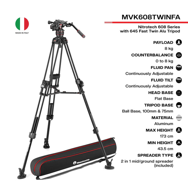 Manfrotto 608 Nitrotech Fluid Head with 645 FAST Twin Aluminum Tripod System and Bag - MQ Group