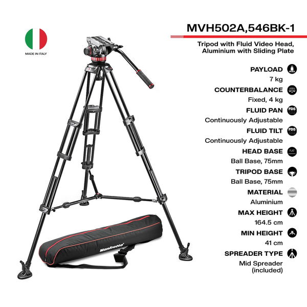 Manfrotto MVH502A,546BK-1 MVH502A Fluid Head and 546B Tripod System with Carrying Bag | Video Tripod - MQ Group