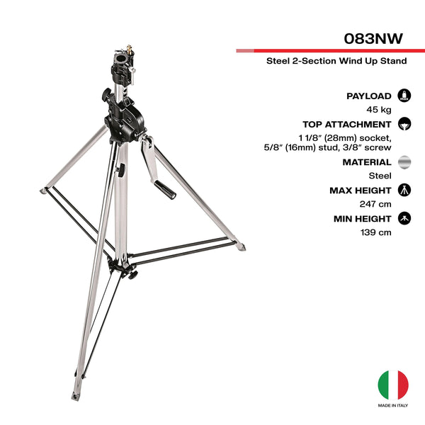 Manfrotto 083NW 2-Section Wind Up Stand with Leveling Leg (Chrome-plated, 8') | Light Stand - MQ Group