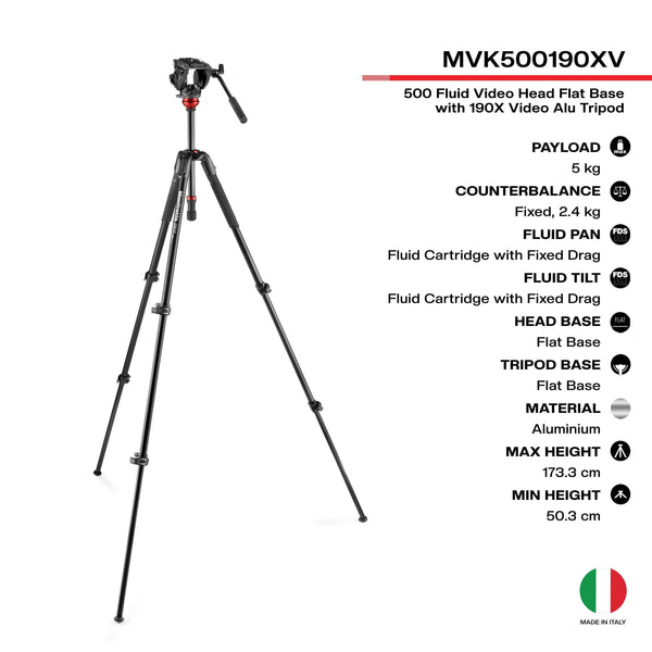 Manfrotto MVK500190XV 500 Fluid Video Head with 190X Video Aluminum Tripod & Leveling Column Kit | Video Tripod - MQ Group