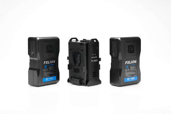 Fxlion Dual Cool Black 14.8V, 130Wh V-mount Batteries with FX-M2S Dual Mini V-lock Charger kit | BP-130S 2KITPRO | V Mount | V Lock Battery - MQ Group