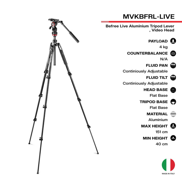 Manfrotto MVKBFRL-LIVE Befree Live Aluminum Lever-Lock Tripod Kit with EasyLink & Case | Video Tripod - MQ Group