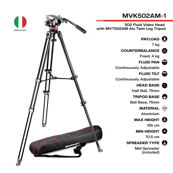 Manfrotto MVK502AM-1 MVH502A Fluid Head and MVT502AM Tripod with Carrying Bag | Video Tripod - MQ Group